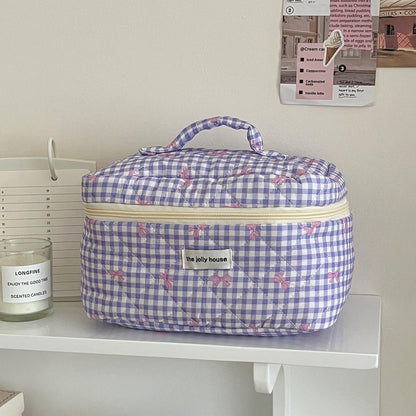 Large Capacity Plaid Bow Cosmetic Bag Retro Style