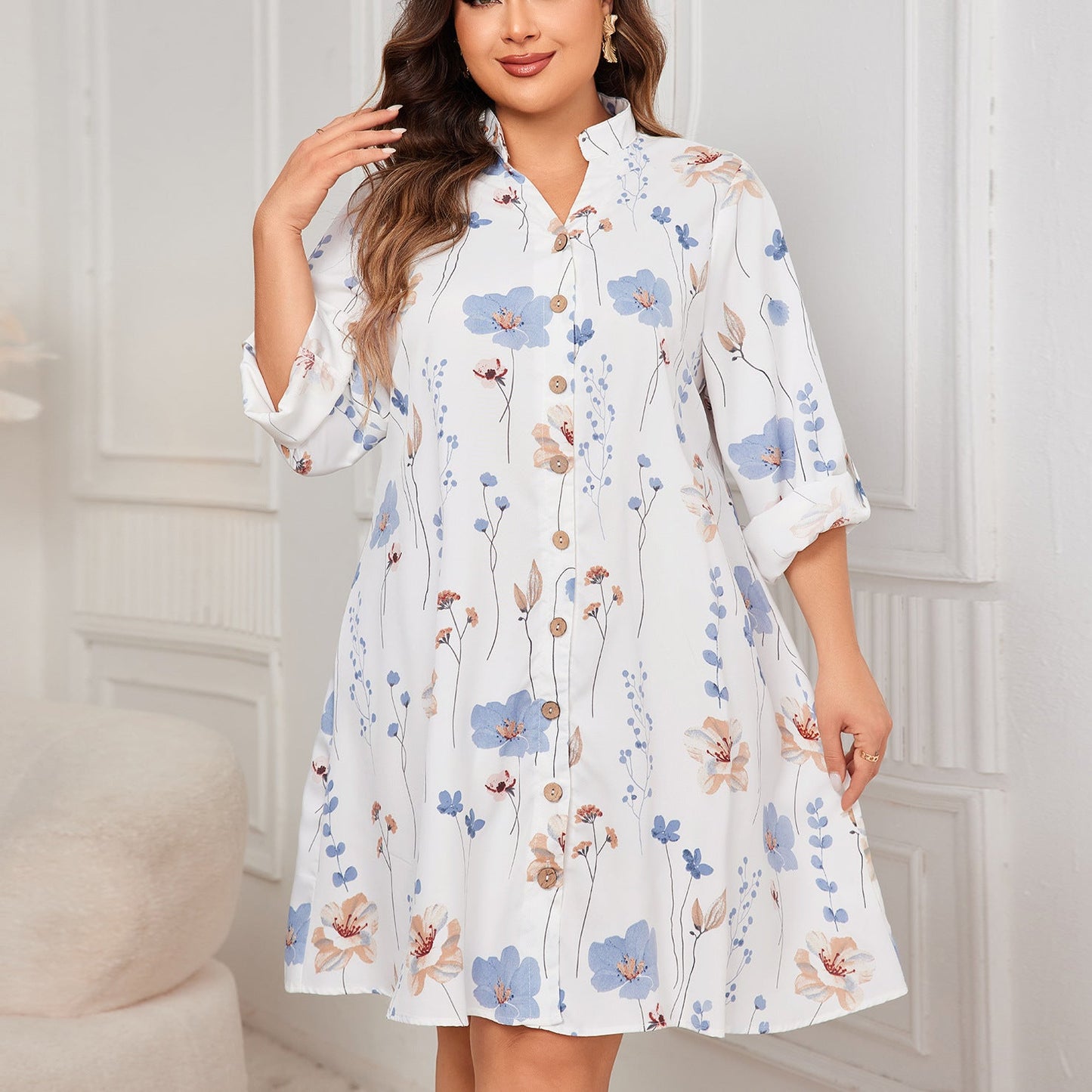 White Floral Print A-Line Dress Polyester Casual Dress