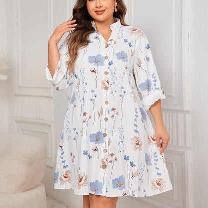 White Floral Print A-Line Dress Polyester Casual Dress