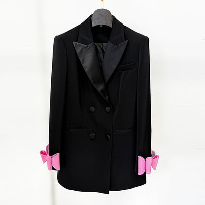 Double-Breasted Satin Long Blazer With Bow Tie