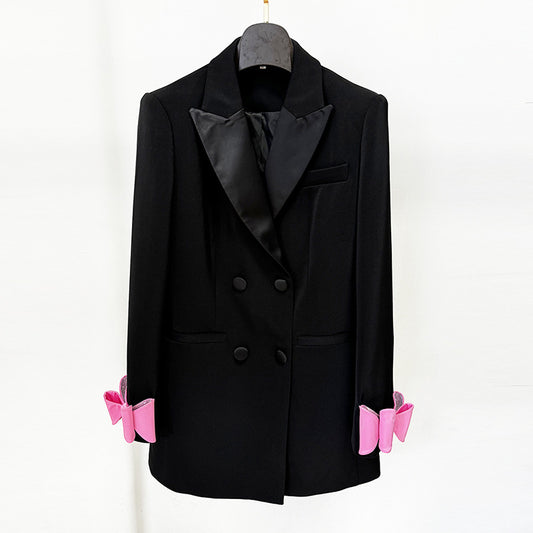 Double-Breasted Satin Long Blazer With Bow Tie