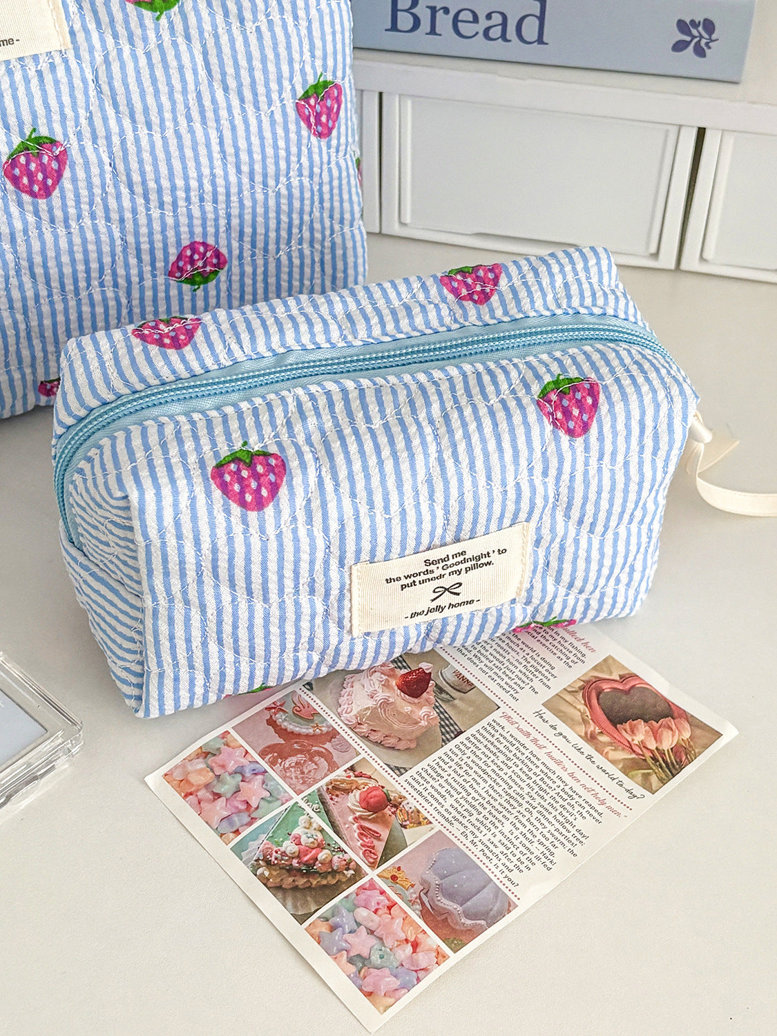 Blue Strawberry Striped Makeup Bag Quilted Portable Toiletry Bag