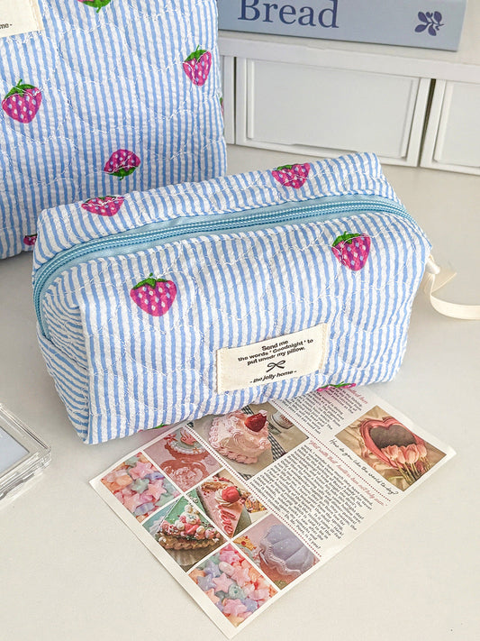 Blue Strawberry Striped Makeup Bag Quilted Portable Toiletry Bag