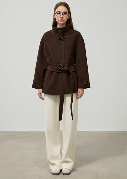 Belted Wool Toggle Coat Dark Brown Tailored