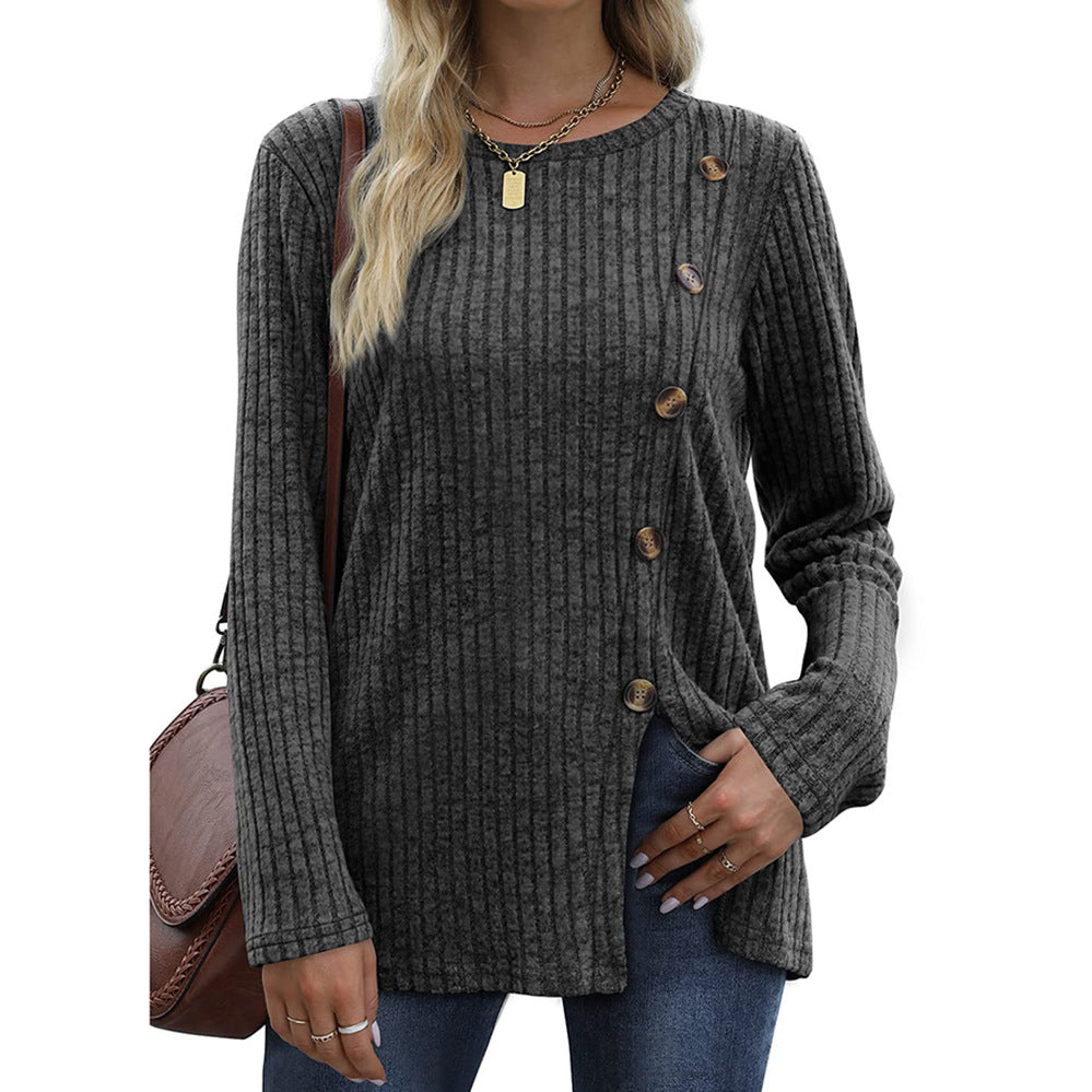 Button Up T-Shirt For Women'S New Fashion Autumn Casual Solid Color Long Sleeved T-Shirt For Women