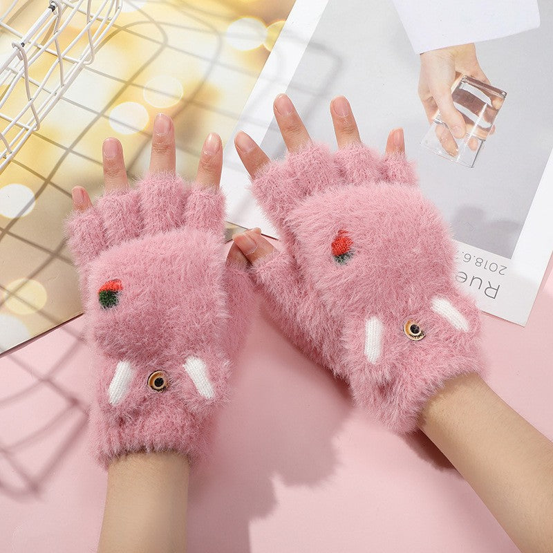 Cute Animal Paw Fingerless Gloves Plush Winter Mittens