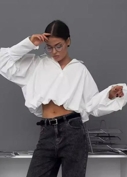 Cropped Balloon Sleeve Shirt In Crisp Fabric