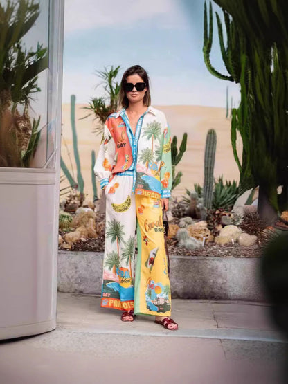 Fashionable Flair Printed Linen Long Sleeve Shirt Set