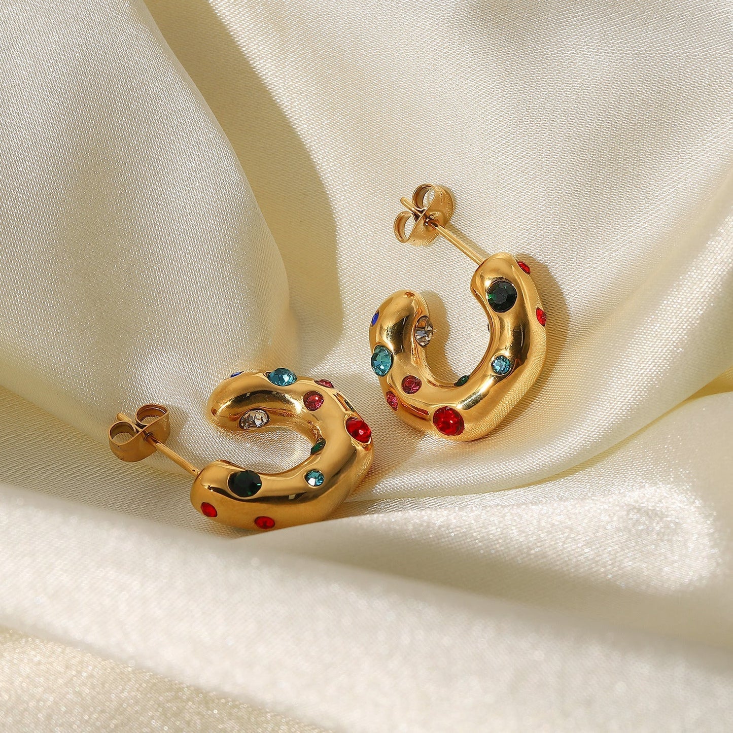 Colorful Zircon Pearl C-Shaped Stud Earrings