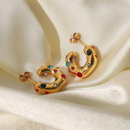 Colorful Zircon Pearl C-Shaped Stud Earrings