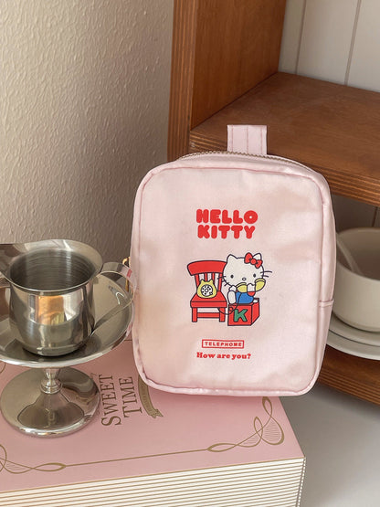 Cat Print Satin Cosmetic Bag Cute Cartoon Travel Organizer
