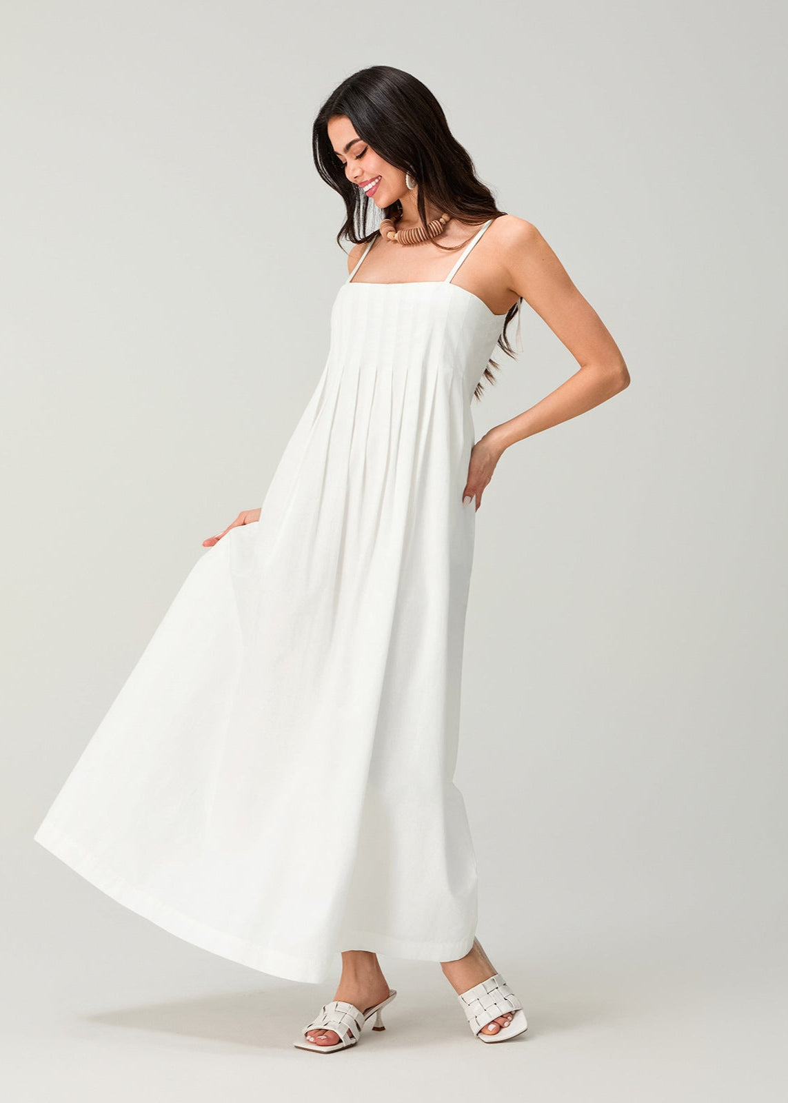 White Linen Cotton Pleated Maxi Sundress