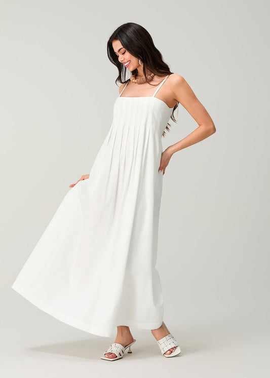 White Linen Cotton Pleated Maxi Sundress