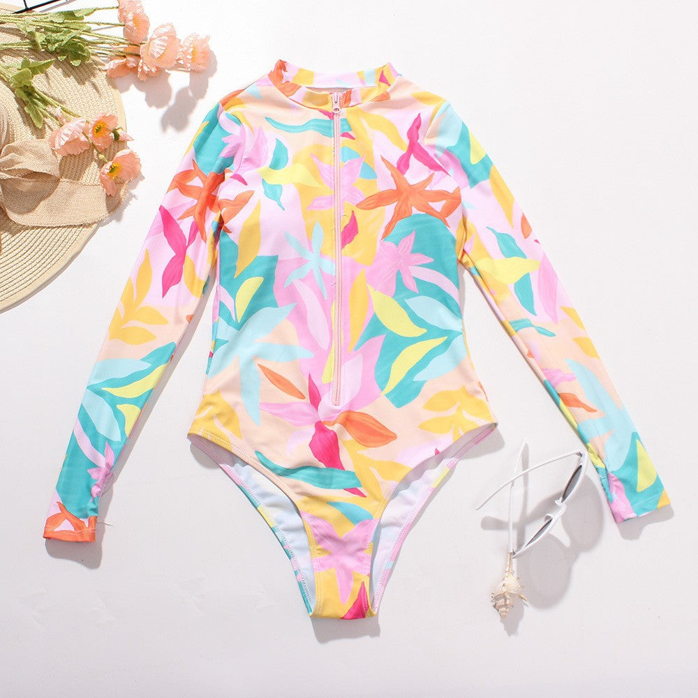 Women'S One Piece Long Sleeve Surfwear Multicolor Print Zip Swimsuit