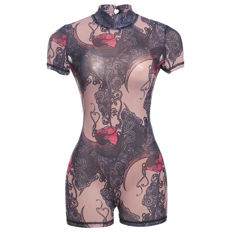 Sexy Backless High Neck Printed Bodysuit Shorts For Women