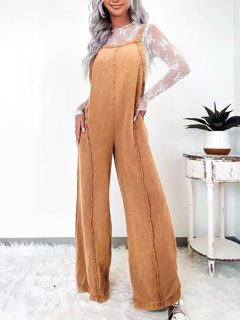 Women's Loose-Fit Denim Overalls Vintage Washed Wide-Leg Jumpsuit