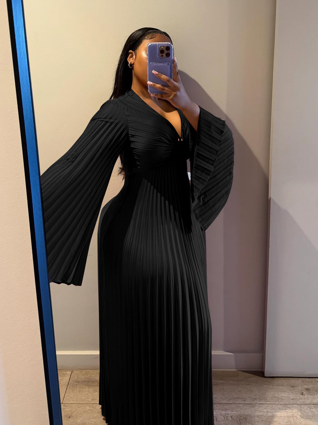 Elegant Solid V-Neck Long Sleeve Dress For Women
