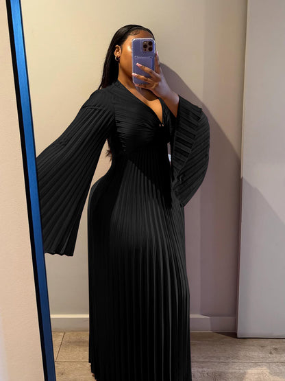 Elegant Solid V-Neck Long Sleeve Dress For Women