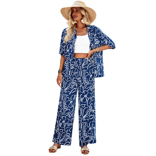 Bohemian Printed Casual Short Sleeve Pants Set