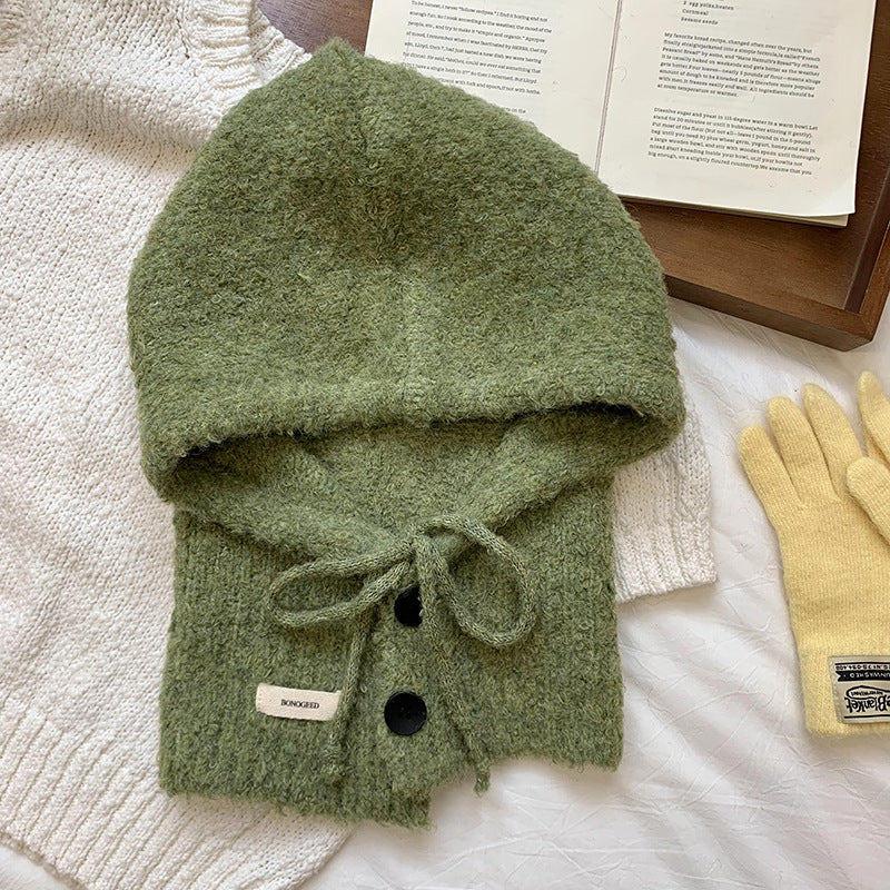 Solid Color Button One-Piece Hat & Scarf