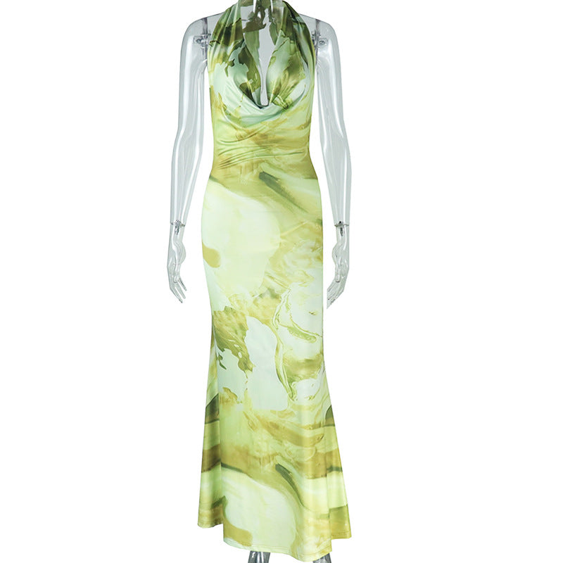 Elegant Fish Tail Dress With Abstract Print