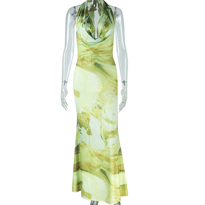 Elegant Fish Tail Dress With Abstract Print