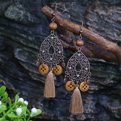 Retro Water Drop Shape Wooden Earrings Handcrafted with Tassels