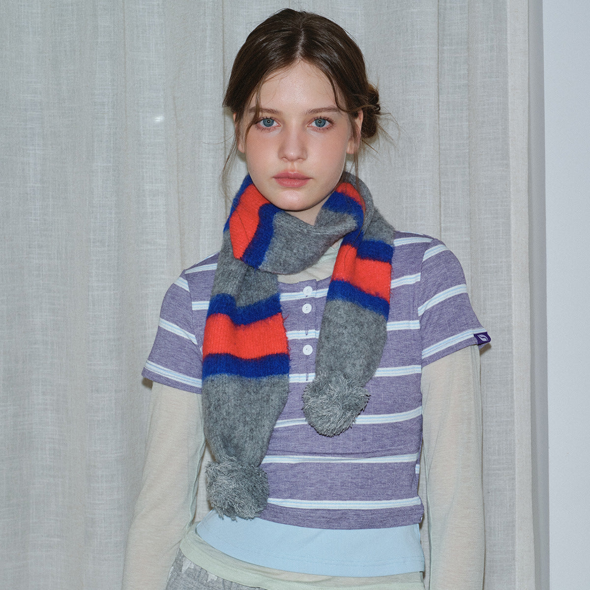 Striped Knit Scarf with Pom Poms for Women