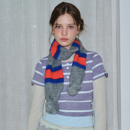 Striped Knit Scarf with Pom Poms for Women