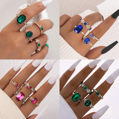 Geometric Gemstone Ring Set Fashionable Zinc Alloy Stackable Rings