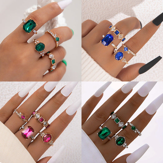 Geometric Gemstone Ring Set Fashionable Zinc Alloy Stackable Rings