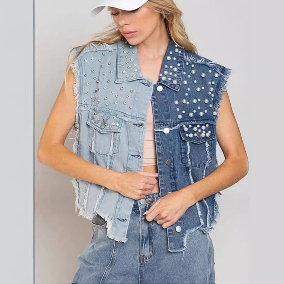 Denim Vest With Rhinestone Detail Loose-Fit Casual Top