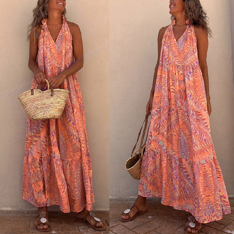 Summer Loose Fitting Women'S Printed Neck Hanging Sleeveless V-Neck Large Swing Long Dress