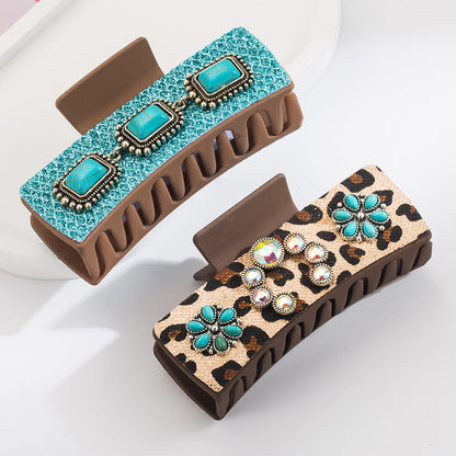 Vintage Leopard Print Hair Claw Clips with Alloy & Turquoise Accents