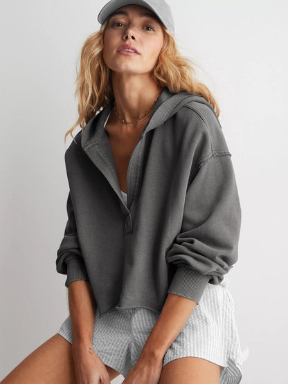 Fashionable Half-Zip Hooded Sweatshirt with Decorative Lines for Women