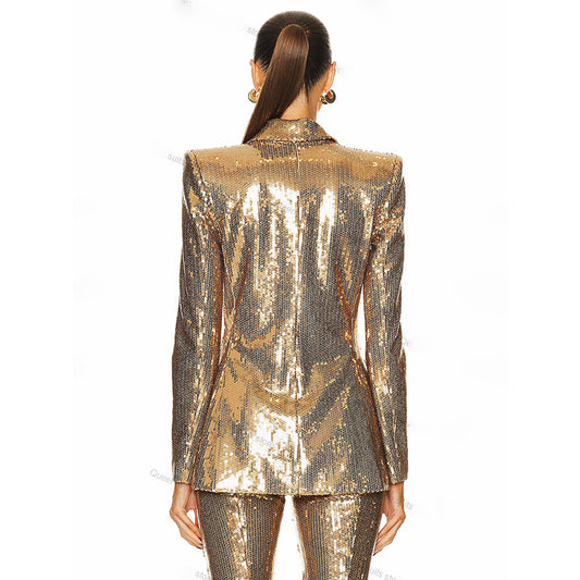 Gold Sequin Blazer And Trouser Set Stylish Two-Piece