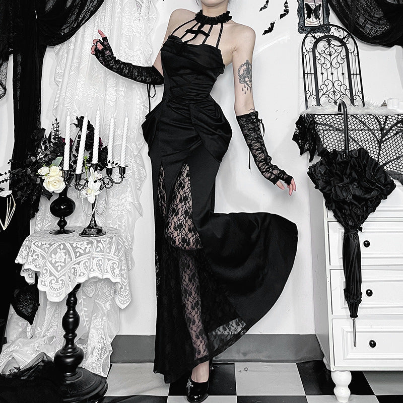 Gothic Style Lace Maxi Dress with Halter Neck