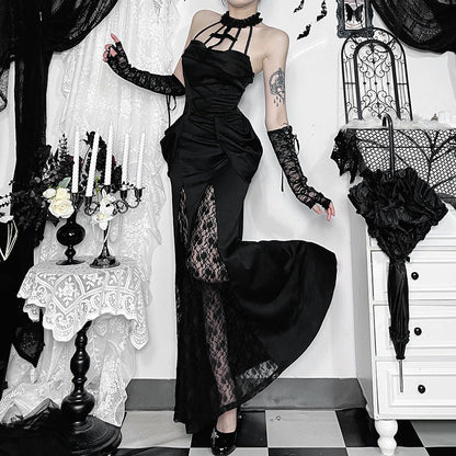 Gothic Style Lace Maxi Dress with Halter Neck