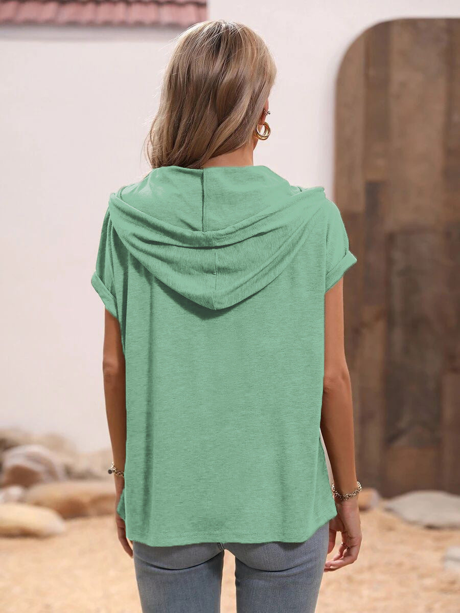 Summer Women'S Loose Hooded Button Short Sleeve T-Shirt