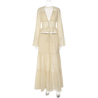 Fashionable French Lace Chiffon Cardigan Top with Tie Long Dress