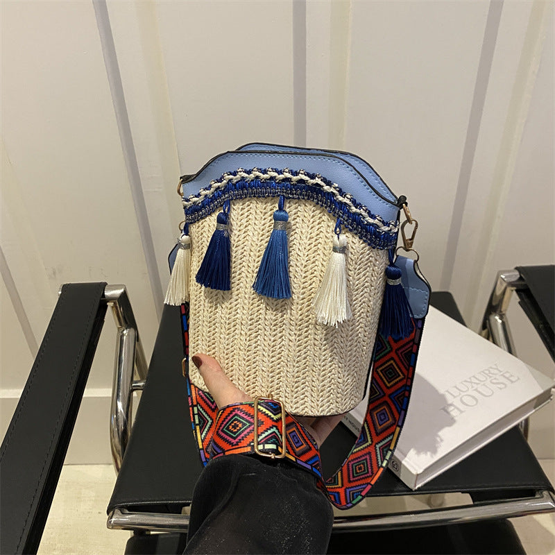 Ethnic Style Woven Bucket Bag Casual PU Crossbody Bag