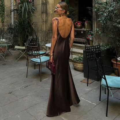 Sleek Brown Long Slip Dress with Adjustable Straps