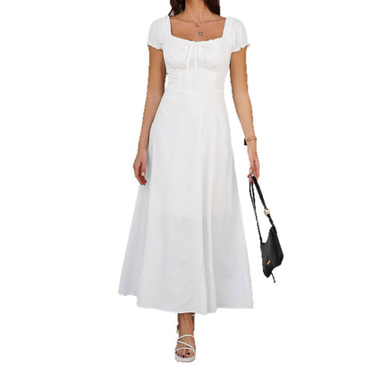 Elegant Solid Color A-Line Dress with Puff Sleeves