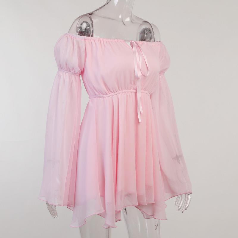 Off-Shoulder Chiffon Dress with Waist Tie in Pink and White