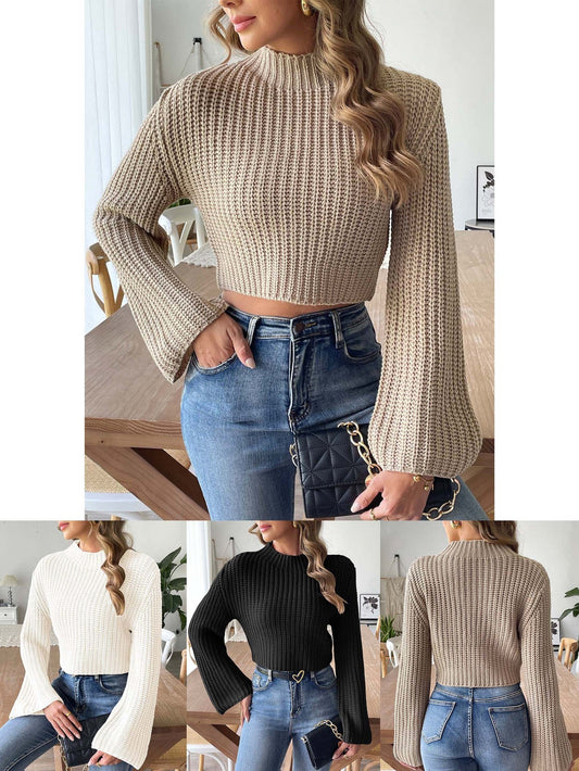 Women'S Short Cropped Knit Sweater With Half High Neck And Flared Sleeves
