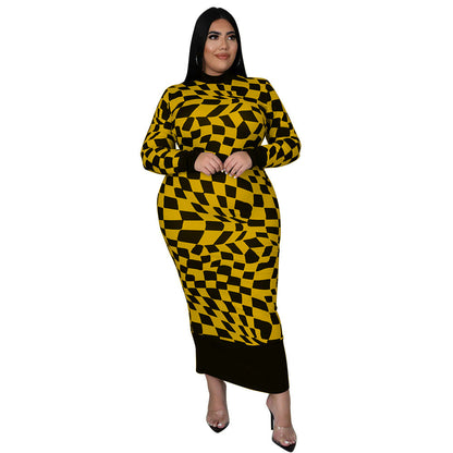 Checkered Print Long Sleeve Dress Elegant Style