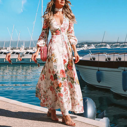 Deep V Long Sleeve Print Dress
