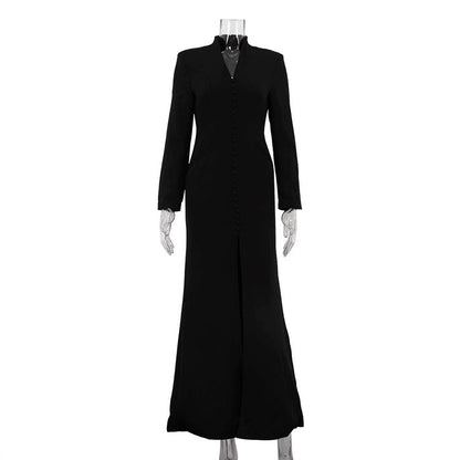 Elegant V-Neck Long Sleeve High Waist Split Midi Dress
