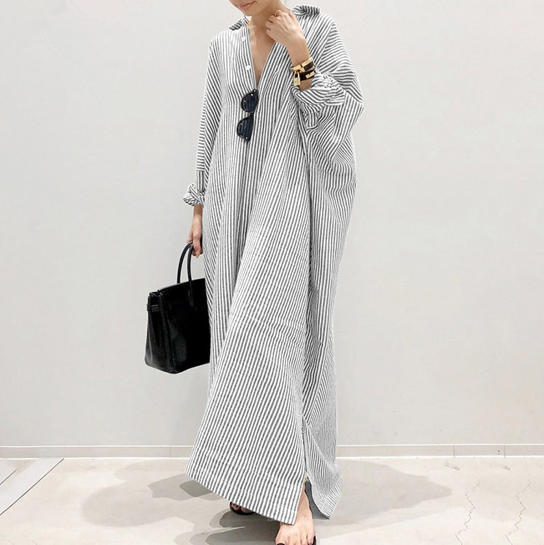 Cotton And Linen Striped Cardigan Loose Size Commuting Irregular Dress