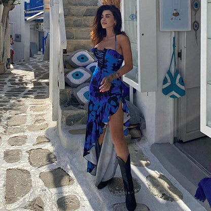 Trendy Sexy Open Back Halter Tie Floral Maxi Dress